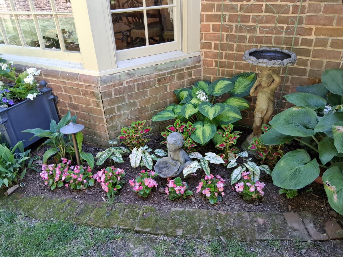Window bed with hostas, annuals, and garden accents
